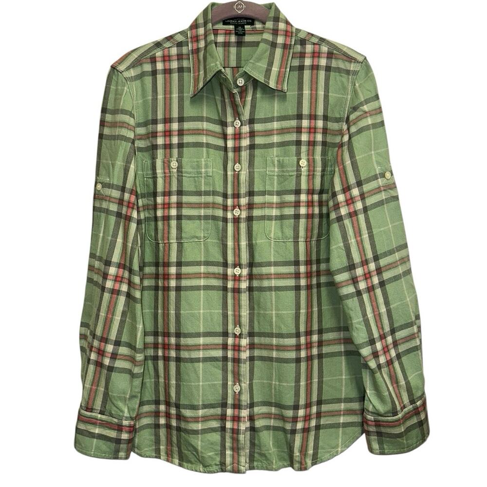 LRL Lauren Jeans Co Plaid Button Up Shirt Green Cotton Tabbed Sleeve Medium